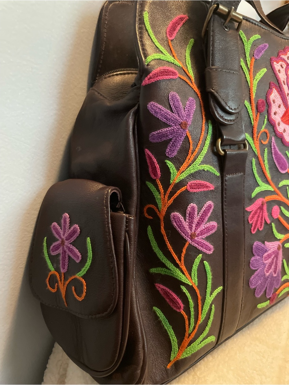 Tarini Hand Embroidered Floral Leather Tote Bag in Black - Picture 3 of 16